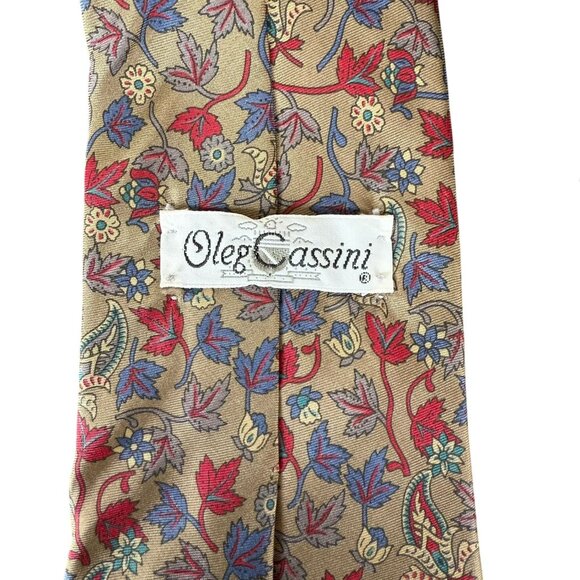 Oleg Cassini Silk Tie 56in Tan Floral Paisley Retro Style - Picture 3 of 7